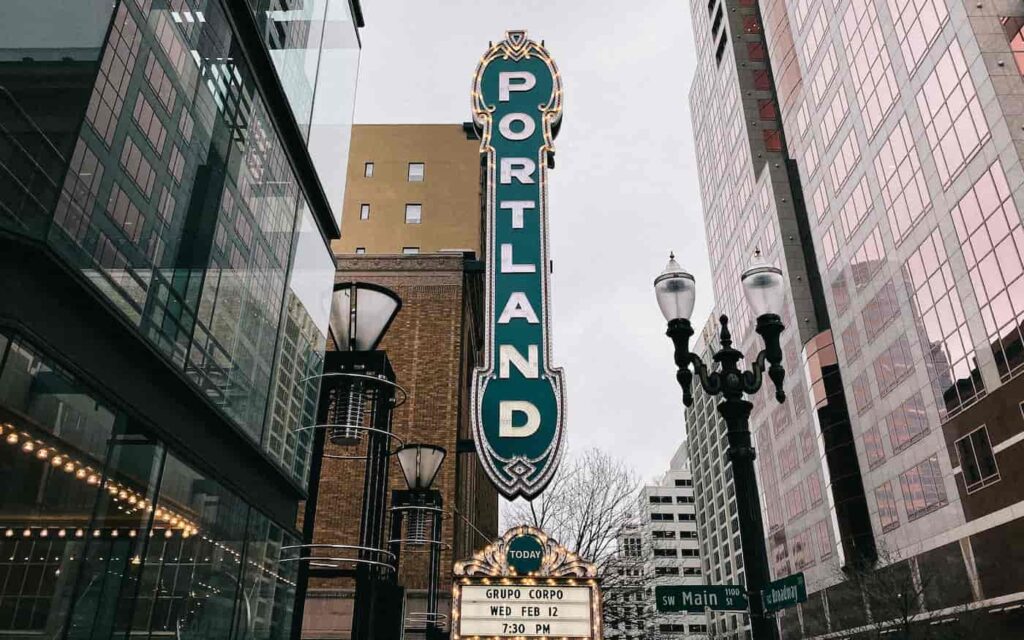 The Portland sign in front of the Arlene Schnitzer Concert Hall