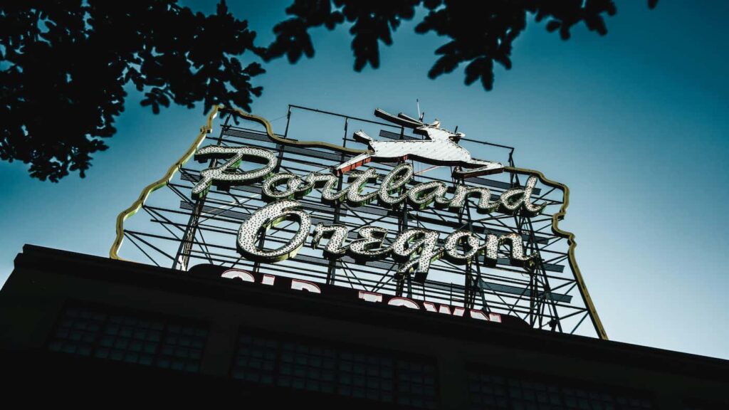 Portland's famous White Stag Sign located in Multnomah County