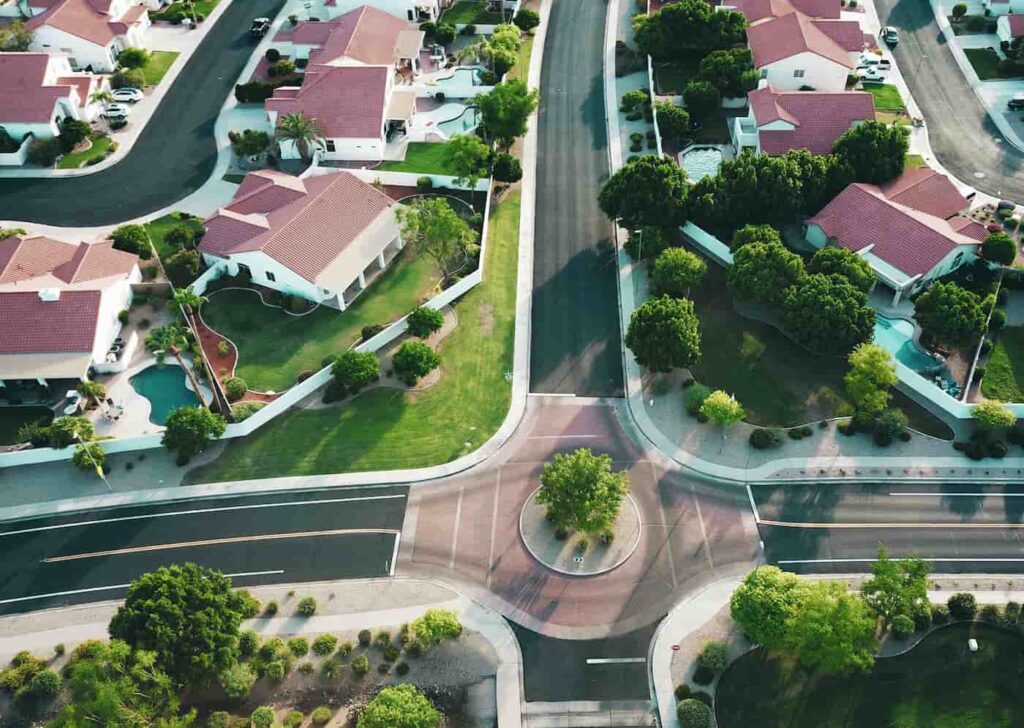 an aerial shot of a planned community governed by an HOA