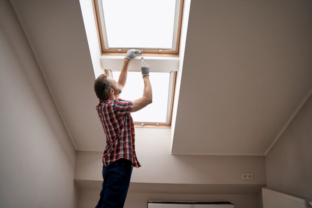 A man works on an interior skylight as part of a landlord's maintenance and repair process.