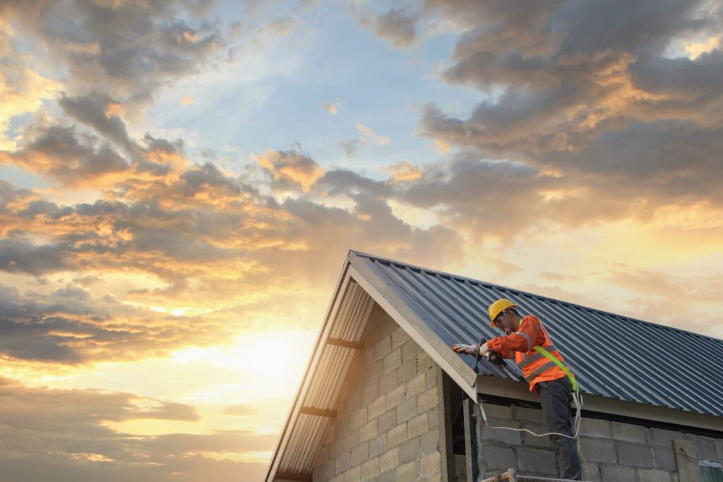 a worker performing roof care on a home.